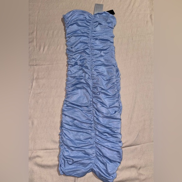 BEBE Strapless Ruched dress Sparkle Mesh trendy Dress Blue Size small - Picture 5 of 5